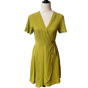 Monteau green chartreuse linen wrap summer dress Medium